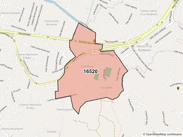 Mapa del código postal 16520, Xochimilco, Ciudad de México