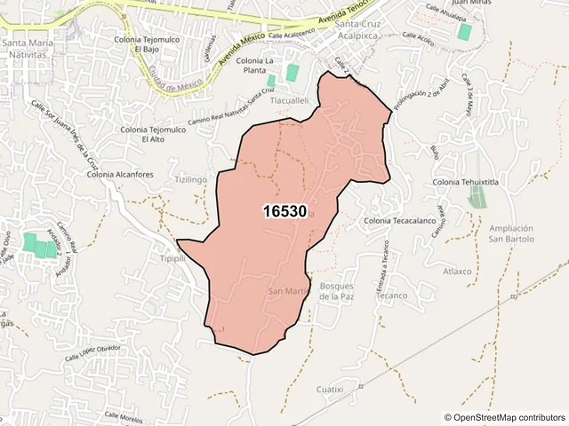 Mapa del código postal 16530, Xochimilco, Ciudad de México