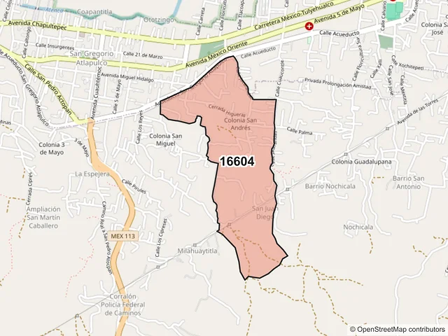 Mapa del código postal 16604, Xochimilco, Ciudad de México