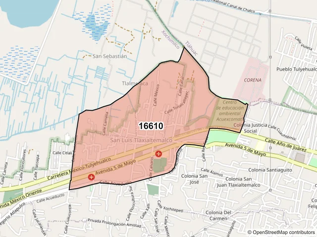 Mapa del código postal 16610, Xochimilco, Ciudad de México