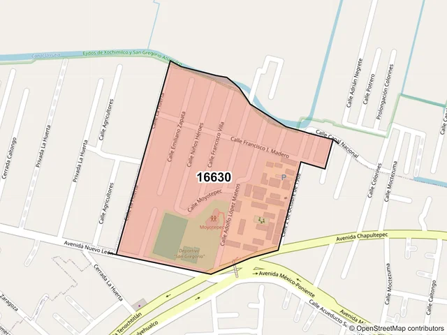 Mapa del código postal 16630, Xochimilco, Ciudad de México