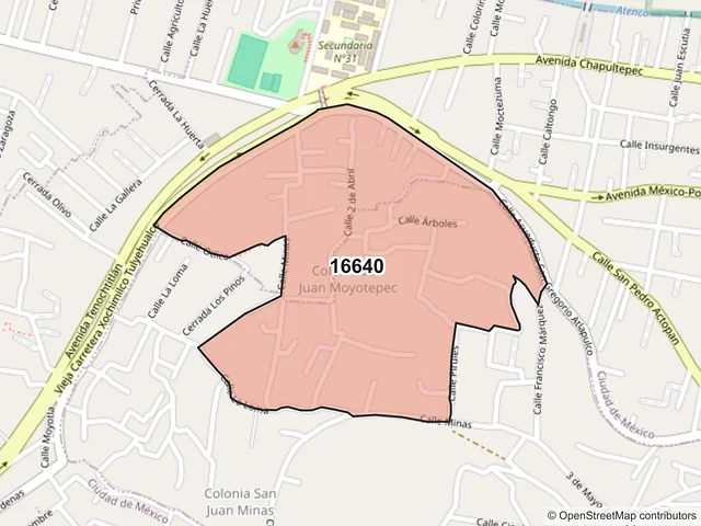 Mapa del código postal 16640, Xochimilco, Ciudad de México