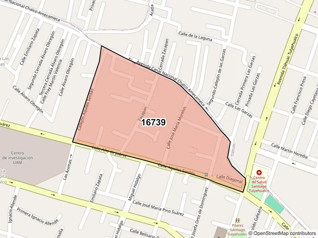 Mapa del código postal 16739, Xochimilco, Ciudad de México