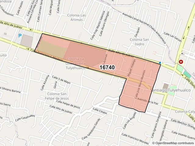 Mapa del código postal 16740, Xochimilco, Ciudad de México