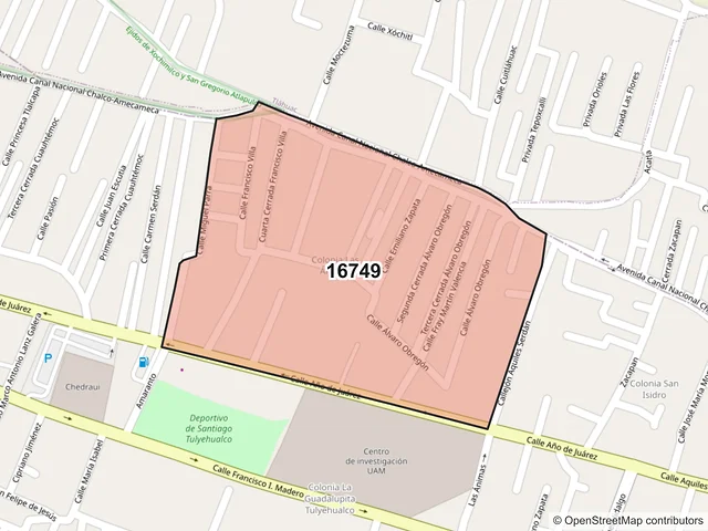 Mapa del código postal 16749, Xochimilco, Ciudad de México