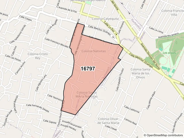 Mapa del código postal 16797, Xochimilco, Ciudad de México
