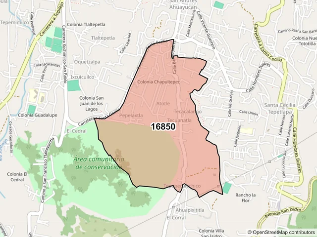 Mapa del código postal 16850, Xochimilco, Ciudad de México