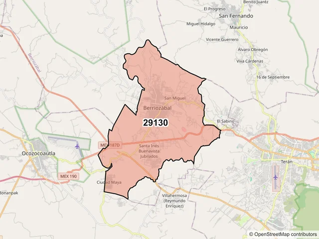 Mapa del código postal 29130, Berriozábal, Chiapas