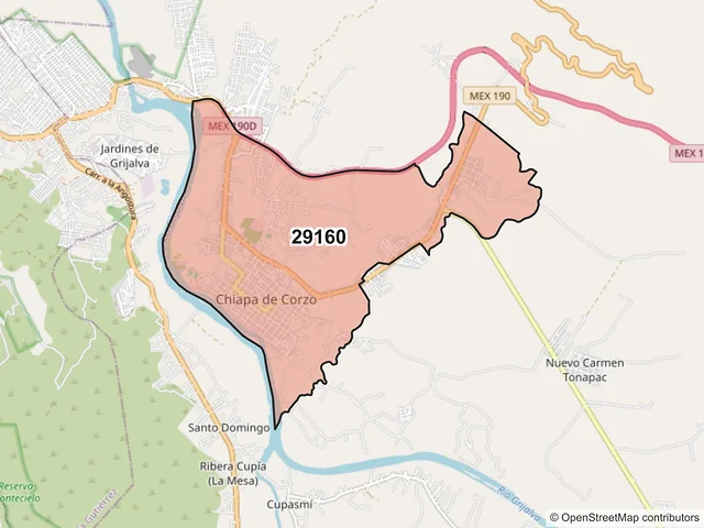 Mapa del código postal 29160, Chiapa de Corzo, Chiapas