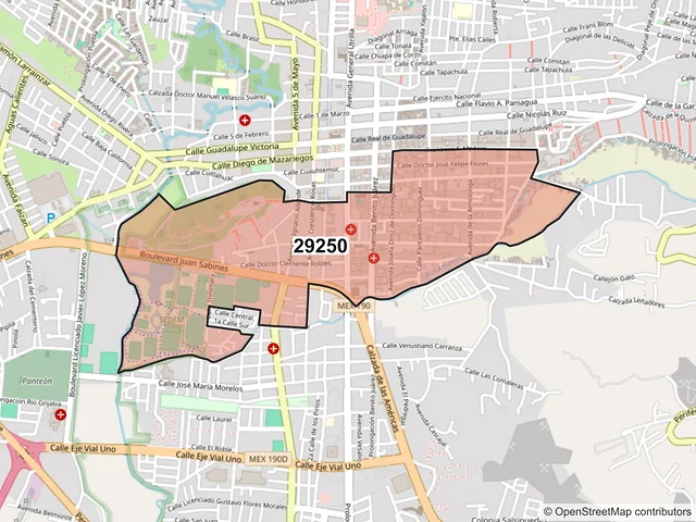 Mapa del código postal 29250, San Cristóbal de las Casas, Chiapas