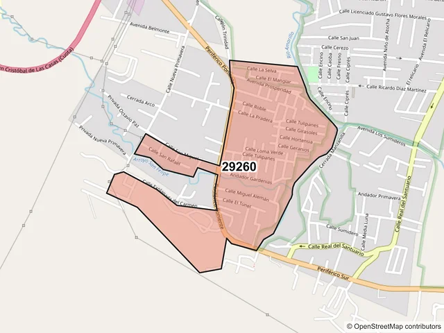 Mapa del código postal 29260, San Cristóbal de las Casas, Chiapas