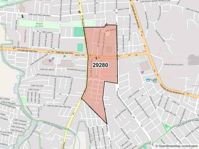 Mapa del código postal 29280, San Cristóbal de las Casas, Chiapas