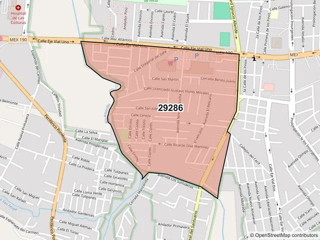 Mapa del código postal 29286, San Cristóbal de las Casas, Chiapas