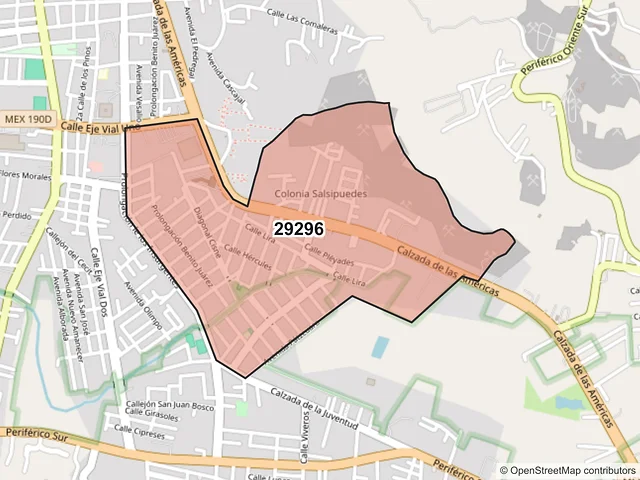 Mapa del código postal 29296, San Cristóbal de las Casas, Chiapas