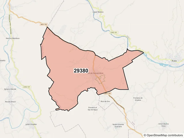 Mapa del código postal 29380, Emiliano Zapata, Chiapas