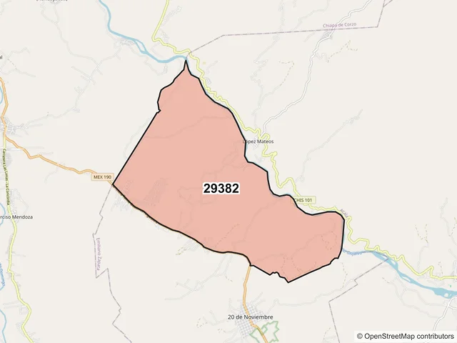 Mapa del código postal 29382, Emiliano Zapata, Chiapas