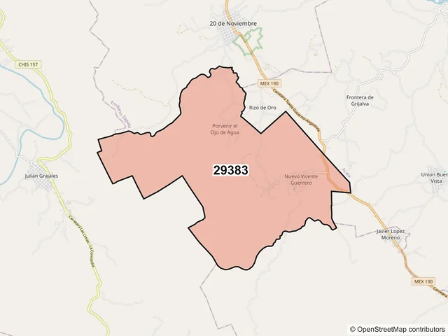 Mapa del código postal 29383, Emiliano Zapata, Chiapas