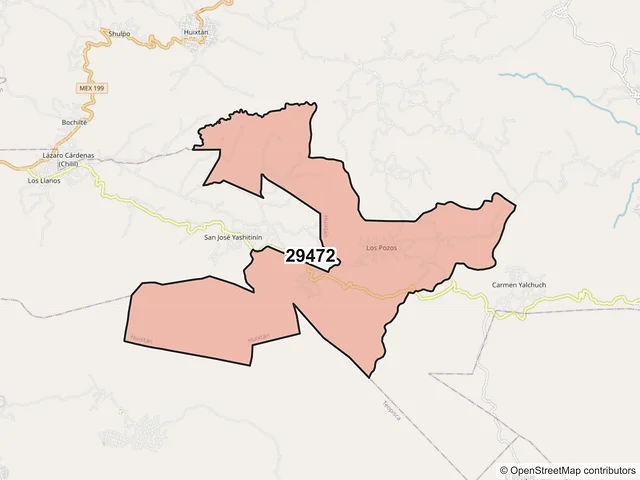 Mapa del código postal 29472, Huixtán, Chiapas