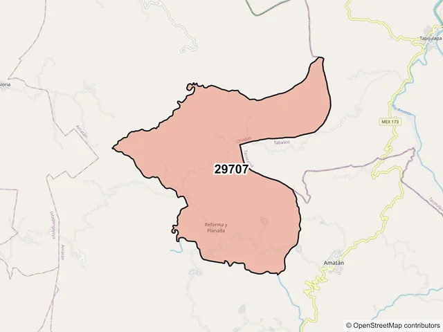 Mapa del código postal 29707, Amatán, Chiapas