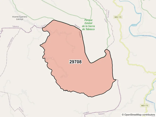 Mapa del código postal 29708, Amatán, Chiapas
