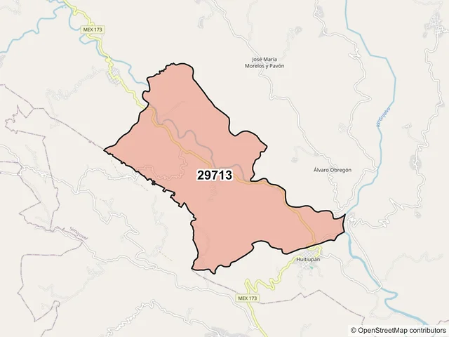 Mapa del código postal 29713, Huitiupán, Chiapas