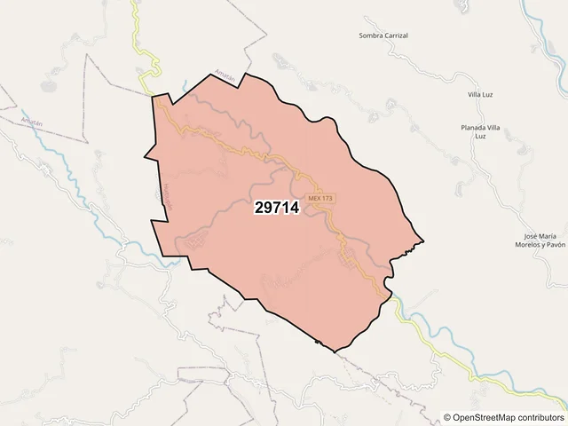 Mapa del código postal 29714, Huitiupán, Chiapas