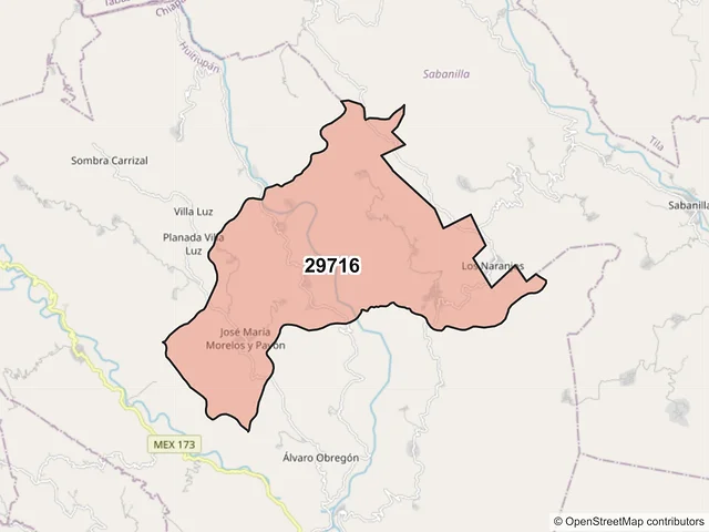 Mapa del código postal 29716, Huitiupán, Chiapas