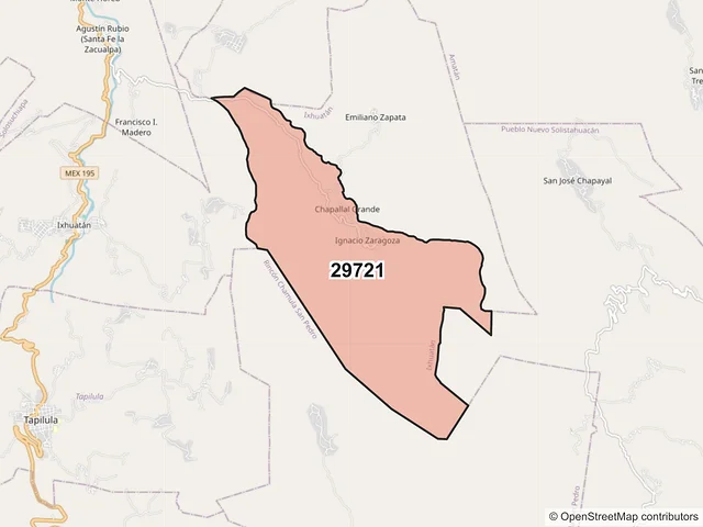 Mapa del código postal 29721, Ixhuatán, Chiapas