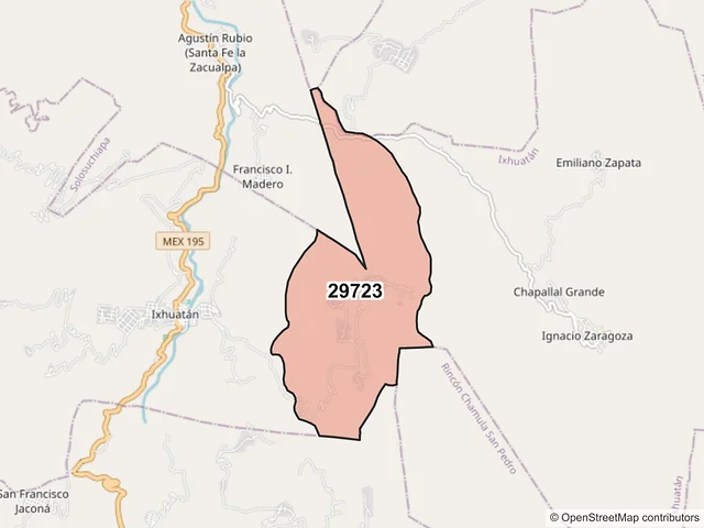 Mapa del código postal 29723, Ixhuatán, Chiapas