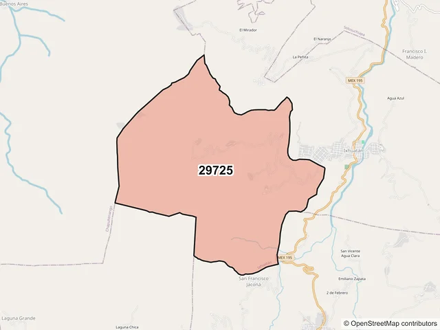 Mapa del código postal 29725, Ixhuatán, Chiapas