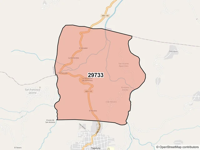 Mapa del código postal 29733, Tapilula, Chiapas