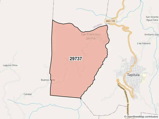 Mapa del código postal 29737, Tapilula, Chiapas