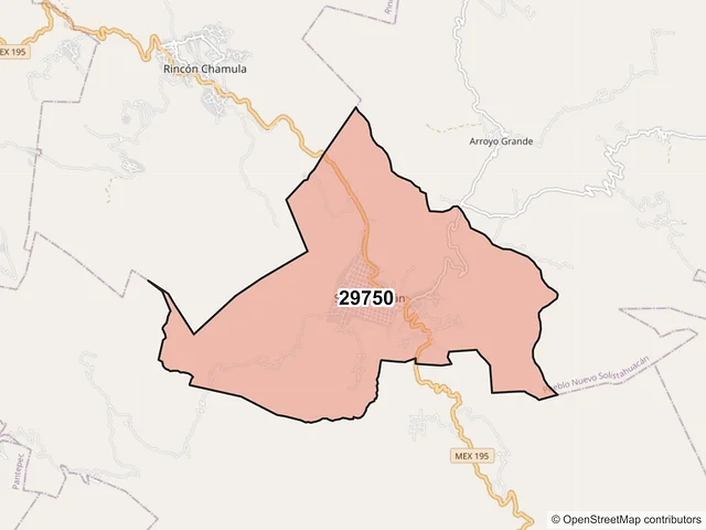 Mapa del código postal 29750, Pueblo Nuevo Solistahuacán, Chiapas