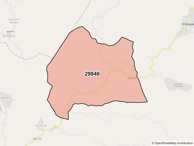 Mapa del código postal 29846, El Bosque, Chiapas