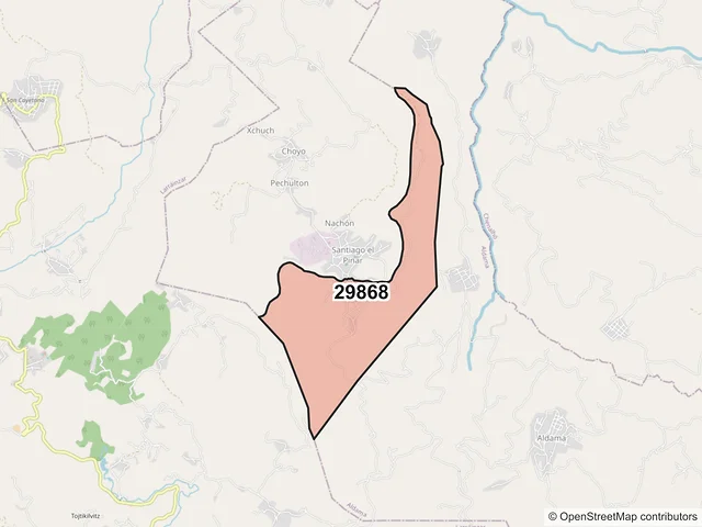 Mapa del código postal 29868, Santiago el Pinar, Chiapas
