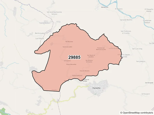 Mapa del código postal 29885, Pantelhó, Chiapas