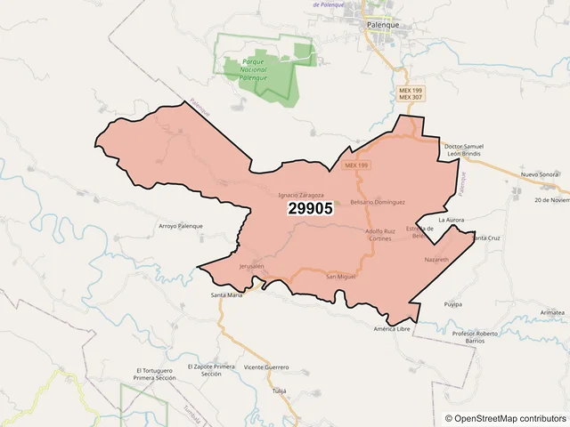 Mapa del código postal 29905, Salto de Agua, Chiapas