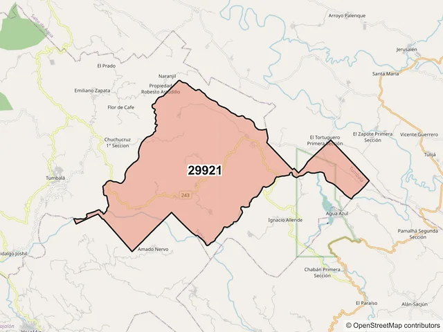 Mapa del código postal 29921, Tumbalá, Chiapas