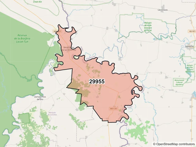Mapa del código postal 29955, Benemérito de las Américas, Chiapas