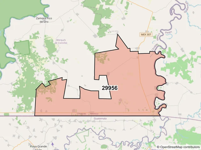 Mapa del código postal 29956, Benemérito de las Américas, Chiapas