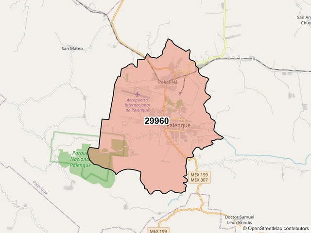 Mapa del código postal 29960, Palenque, Chiapas