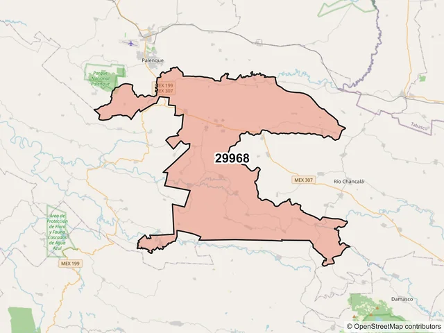 Mapa del código postal 29968, Palenque, Chiapas