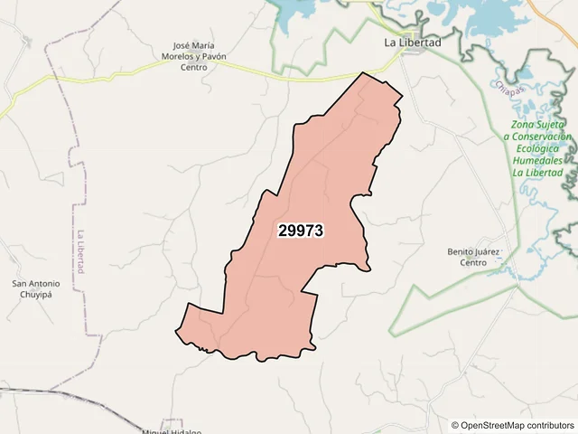 Mapa del código postal 29973, La Libertad, Chiapas