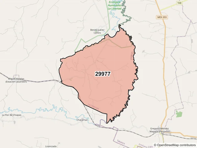 Mapa del código postal 29977, La Libertad, Chiapas