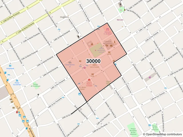Mapa del código postal 30000, Comitán de Domínguez, Chiapas