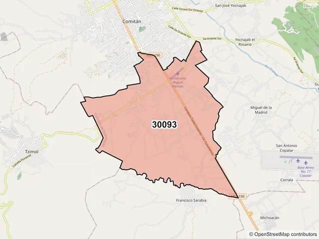 Mapa del código postal 30093, Comitán de Domínguez, Chiapas