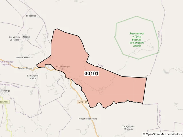 Mapa del código postal 30101, Comitán de Domínguez, Chiapas