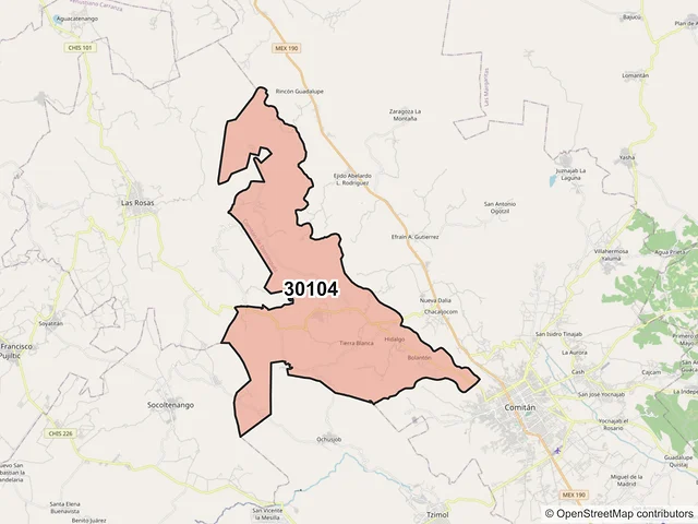 Mapa del código postal 30104, Comitán de Domínguez, Chiapas