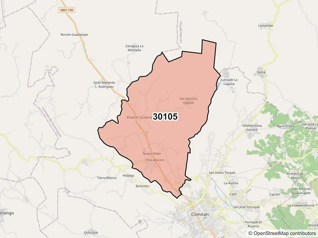 Mapa del código postal 30105, Comitán de Domínguez, Chiapas