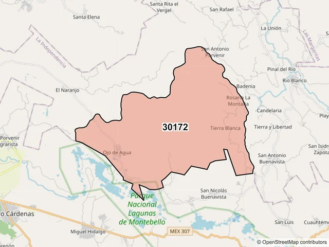 Mapa del código postal 30172, La Independencia, Chiapas